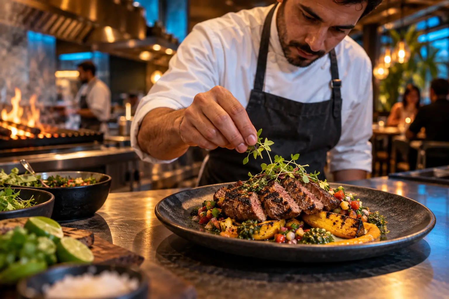 Chef terminando un plato a la parrilla en una cocina de restaurante