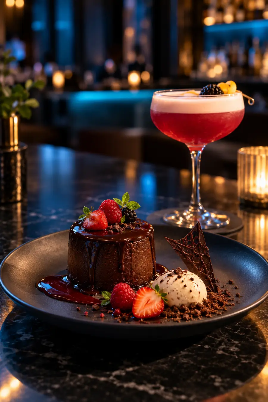 Postre de chocolate y cóctel en la barra de un restaurante