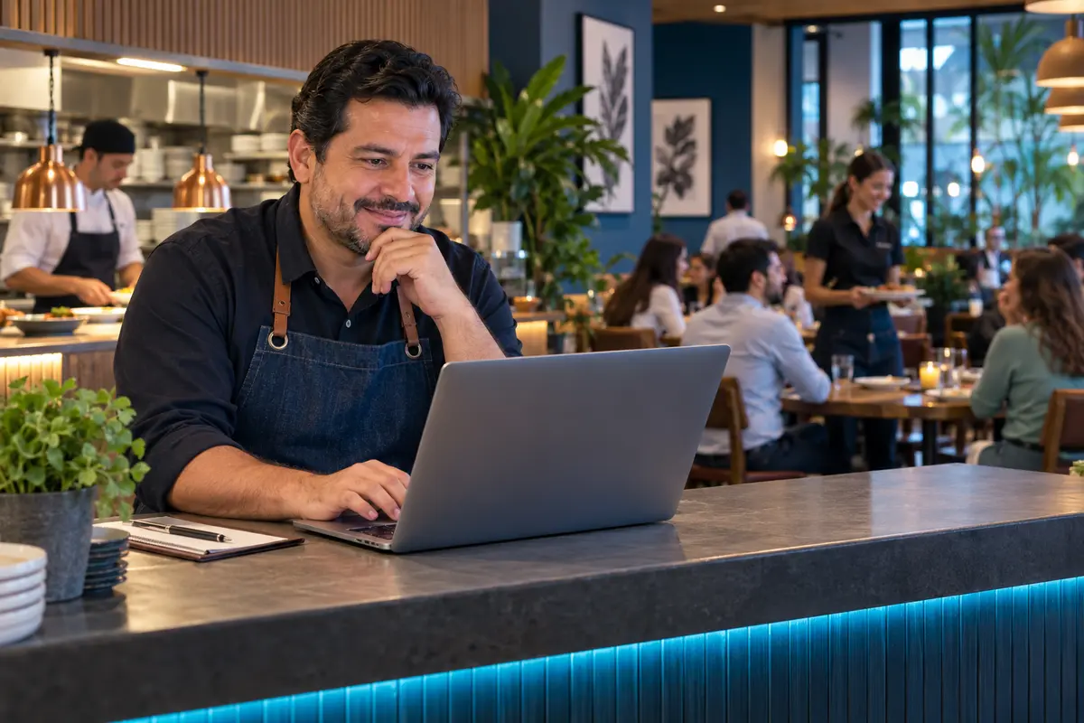 Administrador revisando la operación del restaurante desde una computadora